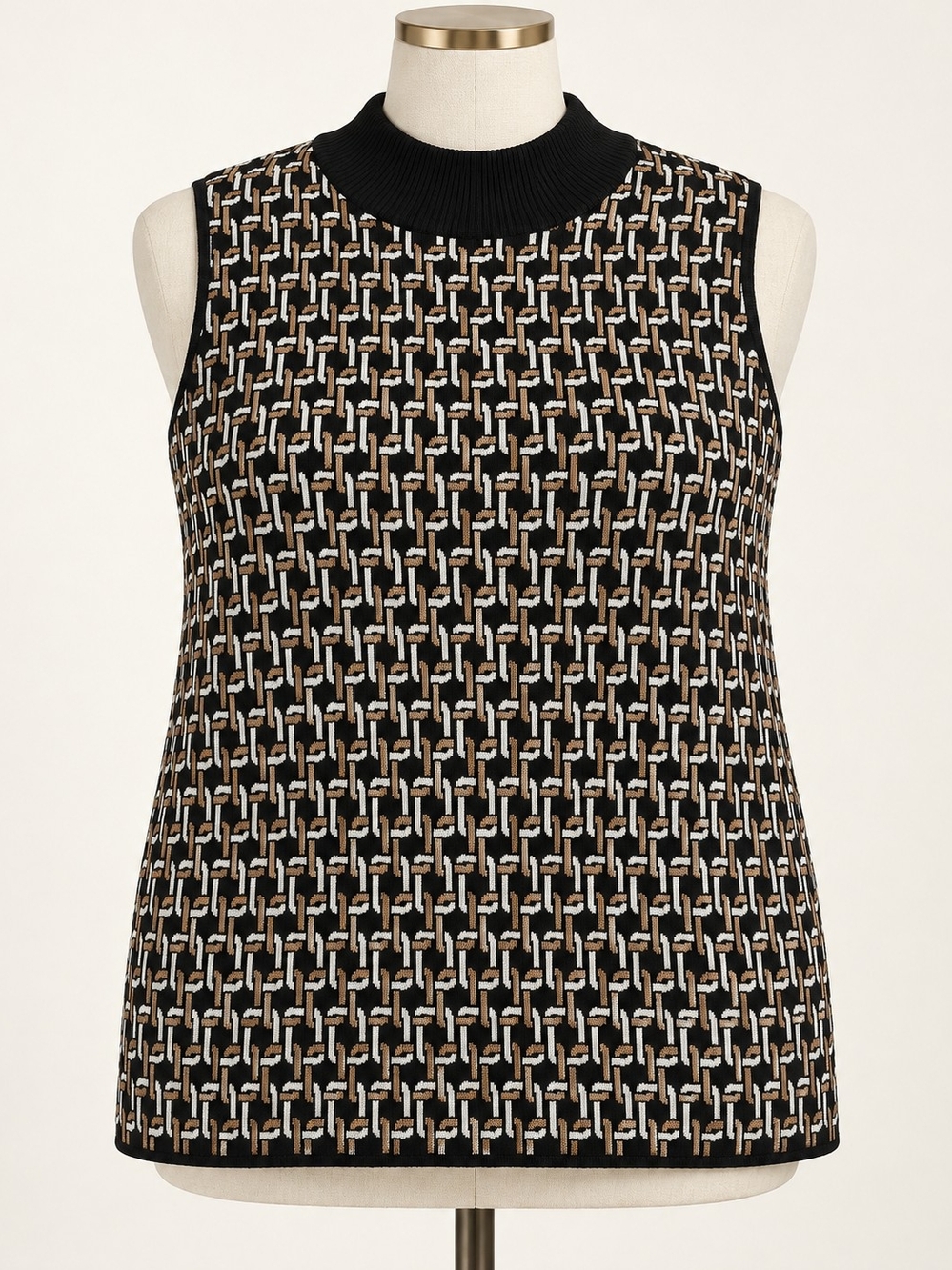 Chico's Black, Brown & White Geometric Crewneck Sweater Tank XXL Rayon Cotton